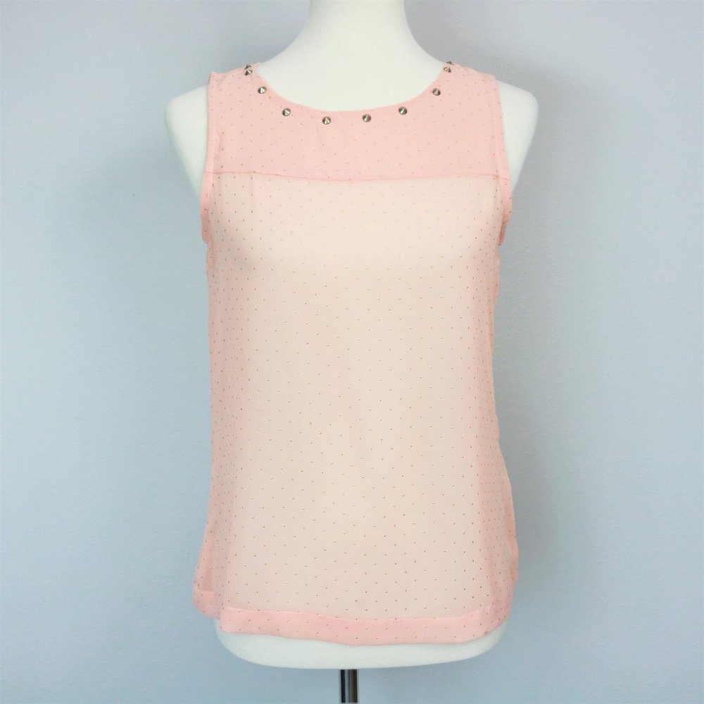 Takara Peach Cream Gold Studded Sheer ½ Zip Sleeveless Blouse Women’s Size M Jrs
